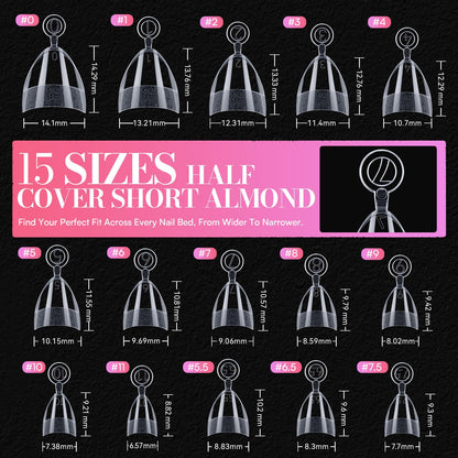 Makartt Short Almond Nail Tips – 504-Piece Half-Cover PMMA Kit, 15 Sizes, Matte Finish | Salon & DIY Extensions