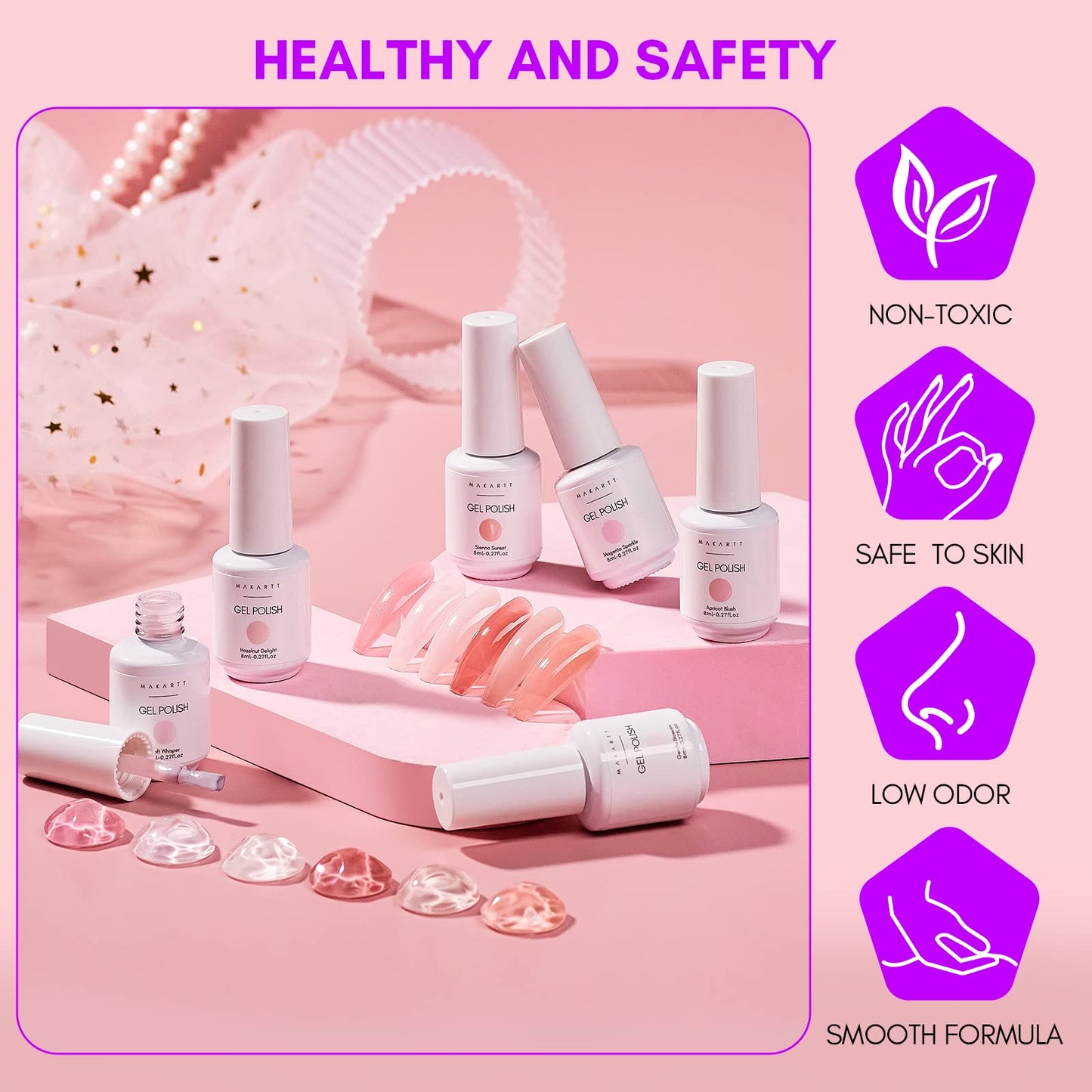 Makartt Gel Nail Polish Set – 6 Colors (8ml) Nude, Jelly Pink & Milky White for DIY Manicure
