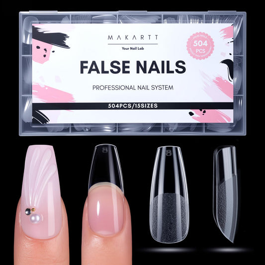 Makartt Medium Coffin Nail Tips – 504 PCS Pre-Etched Clear Nails, 15 Sizes, Half-Matte Finish, Press-On Extensions