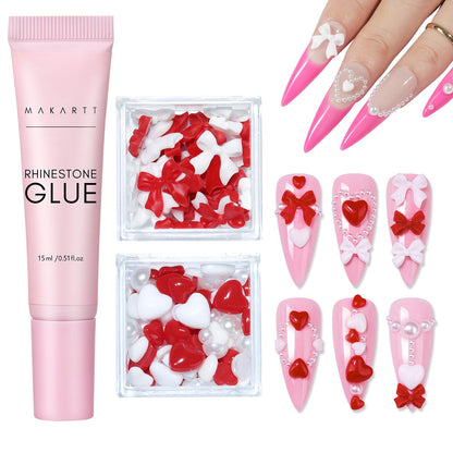 Makartt Nail Charm & Rhinestone Glue Kit — 15ml Gel, 3D Hearts, Bowknot & Pearls for Nails