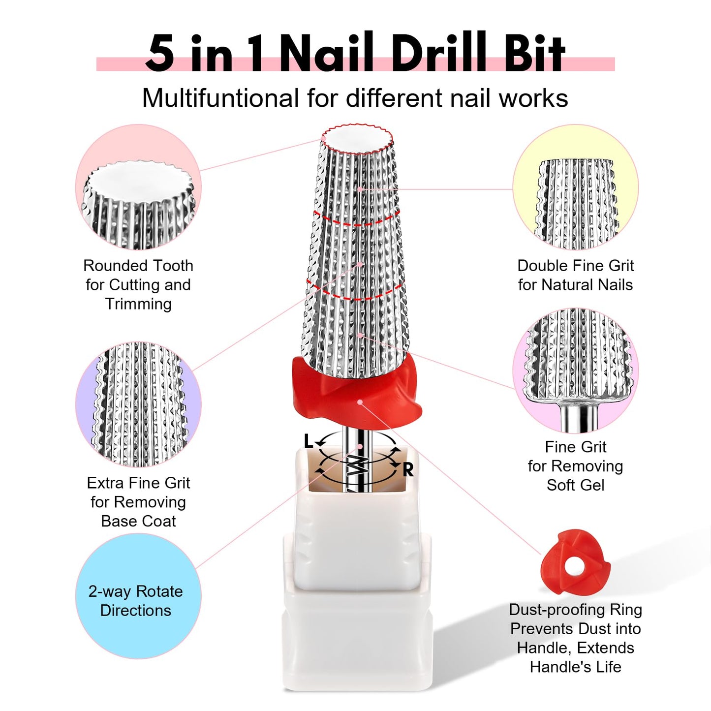 Makartt 5 in 1 Nail Drill Bits – 3/32 shank Tungsten Carbide tapered bits, Fine Grade, Silver