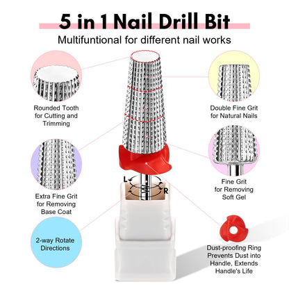 Makartt 5 in 1 Nail Drill Bits – 3/32 shank Tungsten Carbide tapered bits, Fine Grade, Silver