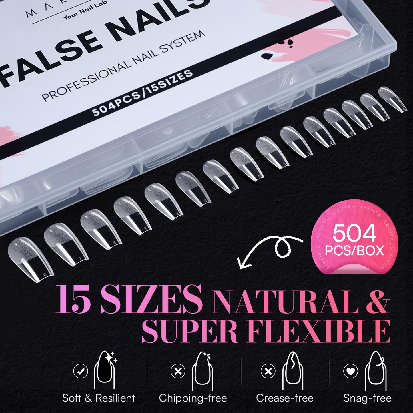 Makartt Medium Coffin Nail Tips – 504 PCS Pre-Etched Clear Nails, 15 Sizes, Half-Matte Finish, Press-On Extensions