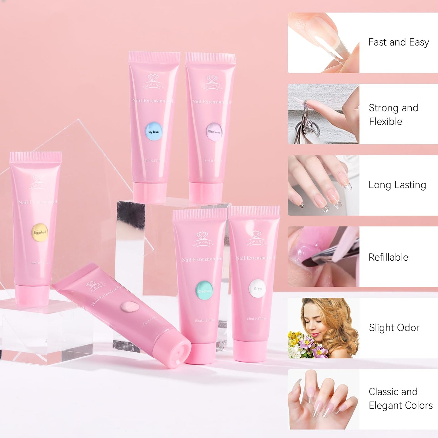 Makartt Poly Nail Gel Set – 6 Pastel Builder Gels for Extensions & Overlays | 15ml
