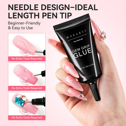 Makartt Rhinestone Glue 60G No-Wipe - Ultra-Strong Nail Gem Glue for 3D Nail Art & Bling