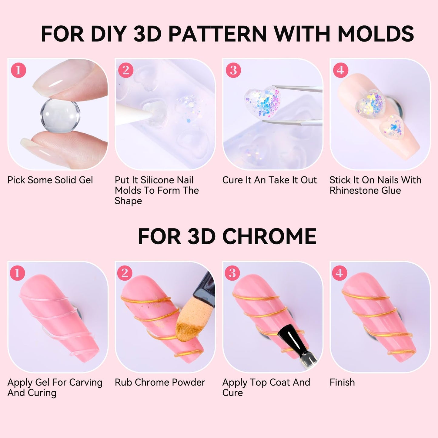 Makartt 3D Sculpting Gel Kit – 30g Clear, Non-Sticky 3D Nail Art Gel with Chrome Powder & Molds