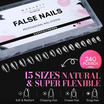 Makartt Short Almond Nail Tips – 504Pcs Pre-Etched Clear Nails, 15 Sizes, Half Matte Finish
