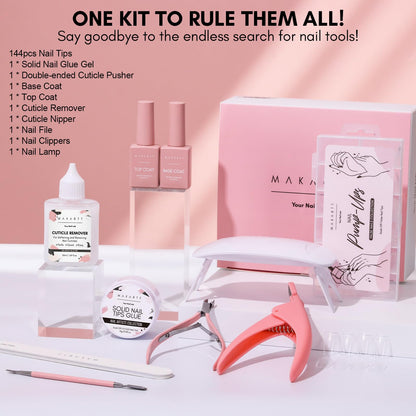 Makartt Nail Glue & Tips Kit — 15ML Solid Gel, Almond & Coffin Tips, UV Lamp