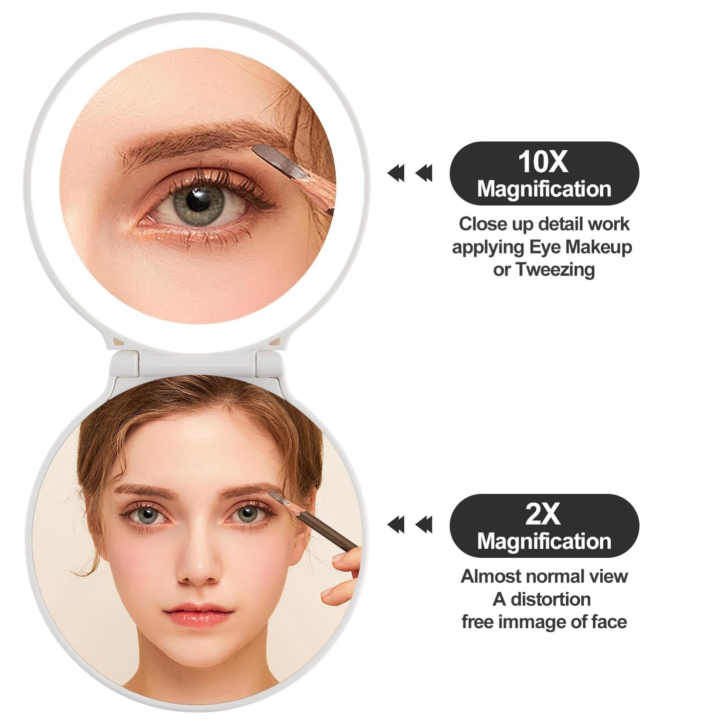 Makefango Compact Makeup Mirror with Lights - 3.5-inch, 2-Sided, 2X/10X Magnification, Portable & Lightweight