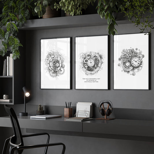 Male Office Decor | Set of 3 Abstract Clocks Wall art Prints