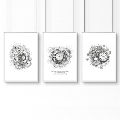 Male Office Decor | Set of 3 Abstract Clocks Wall art Prints