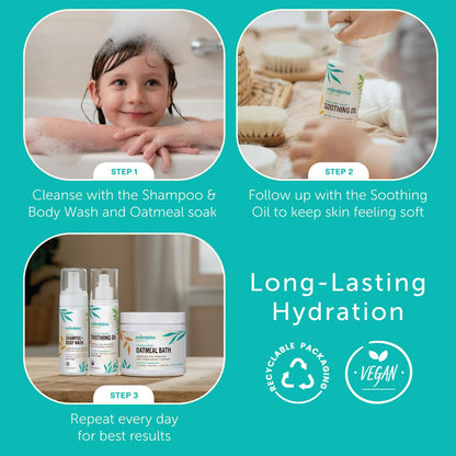 Mambino Organics Soothing Bath Set — Oatmeal Bath Soak, Soothe Me Shampoo & Body Wash, Calming Oil (3-Pack)