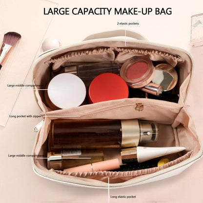 MAMUNU Large Capacity Cosmetic Bag — Travel Makeup Case with Handle, 6 Compartments (White)