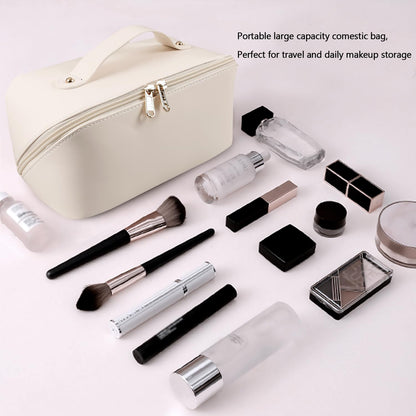 MAMUNU Large Capacity Cosmetic Bag — Travel Makeup Case with Handle, 6 Compartments (White)