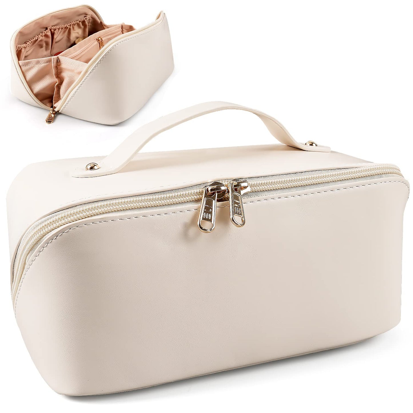 MAMUNU Large Capacity Cosmetic Bag — Travel Makeup Case with Handle, 6 Compartments (White)