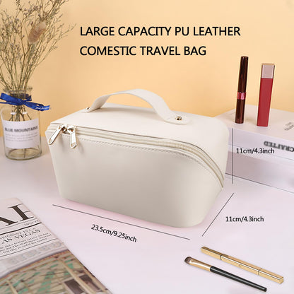 MAMUNU Large Capacity Cosmetic Bag — Travel Makeup Case with Handle, 6 Compartments (White)