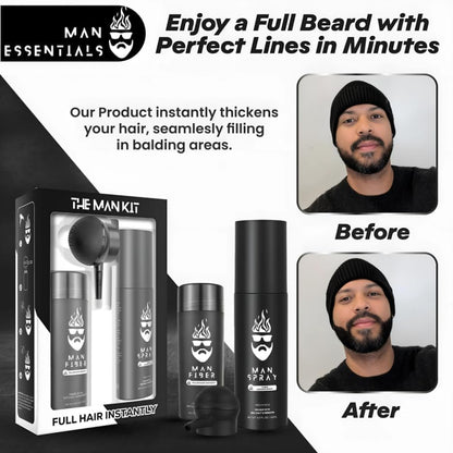 Man Essentials Hair Thickening Fibers (Black) + Locking Spray Kit | Fuller Hair & Beard | Hair Set by The Man Kit