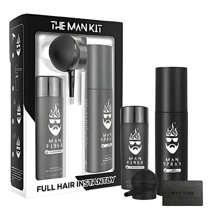 Man Essentials Hair Thickening Fibers (Black) + Locking Spray Kit | Fuller Hair & Beard | Hair Set by The Man Kit