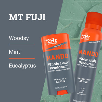 Mando Whole Body 3-Piece System — Aluminum- and Baking Soda-Free Odor Control (Mt Fuji) – 2.6 oz Stick, 3.6 oz Spray, 15 Wipes