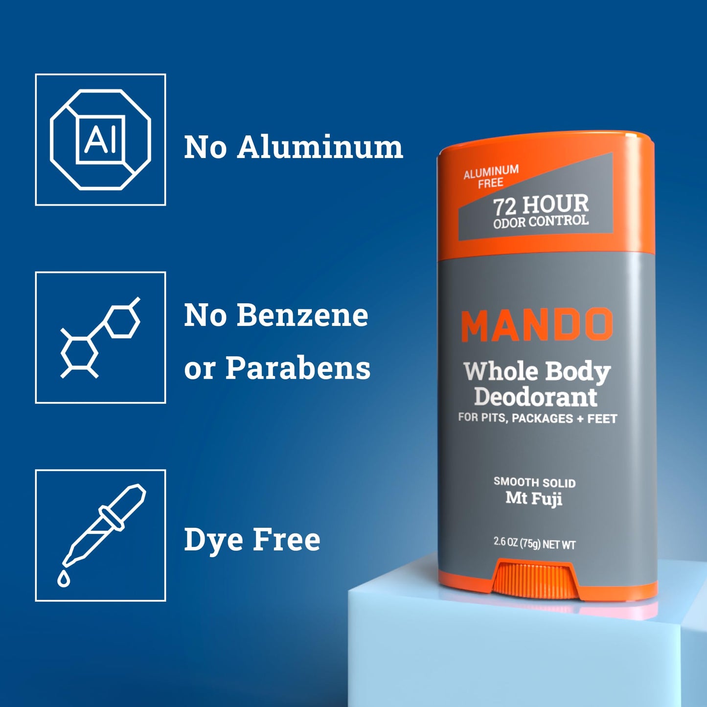 Mando Whole Body 3-Piece System — Aluminum- and Baking Soda-Free Odor Control (Mt Fuji) – 2.6 oz Stick, 3.6 oz Spray, 15 Wipes