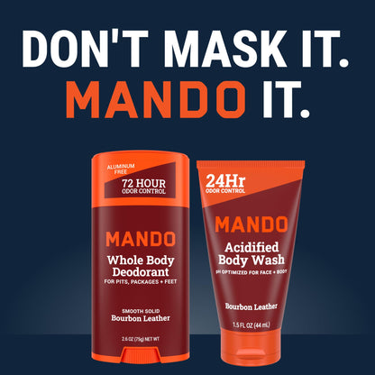Mando Smooth Solid Stick (2.6 oz) + Acidified Body Wash (1.5 oz) – All-Day Odor Control, Bourbon Leather