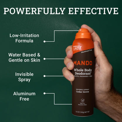 Mando Whole Body Deodorant Spray for Men – Cedar Grove – 72 Hr Odor Control (2-Pack)
