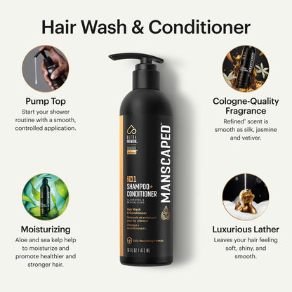 MANSCAPED 2-in-1 Shampoo & Conditioner UltraPremium with Sea Kelp, Coconut Water & Aloe – 16 oz Aluminum