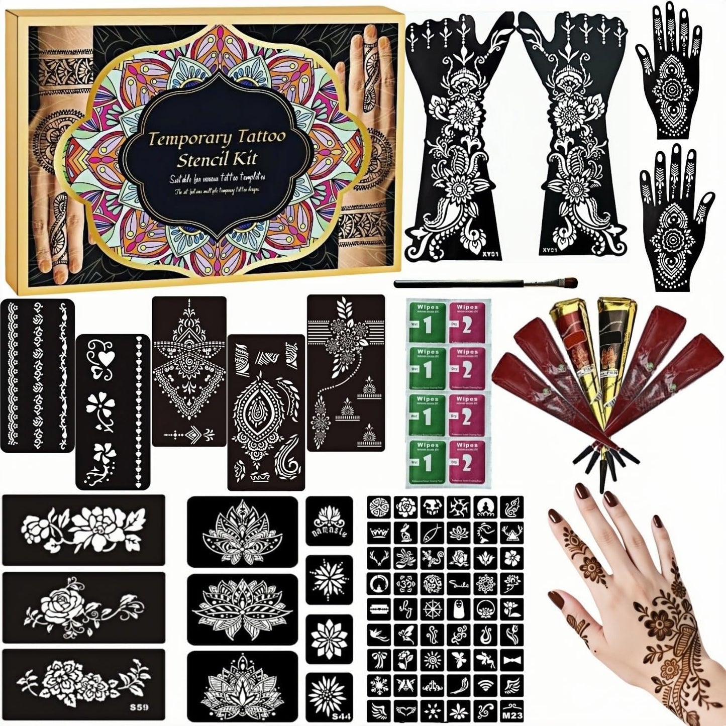ManYan HaiYan Temporary Tattoos Kit – 12 Large Stencils, 78 Designs, DIY Body Art with 6 Ink Colors