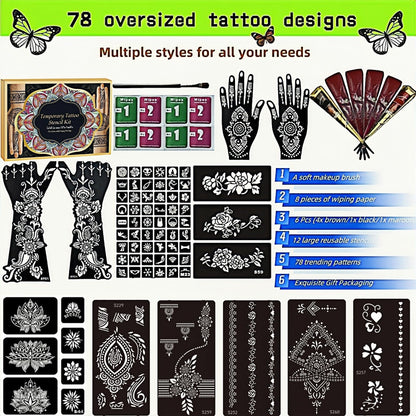 ManYan HaiYan Temporary Tattoos Kit – 12 Large Stencils, 78 Designs, DIY Body Art with 6 Ink Colors