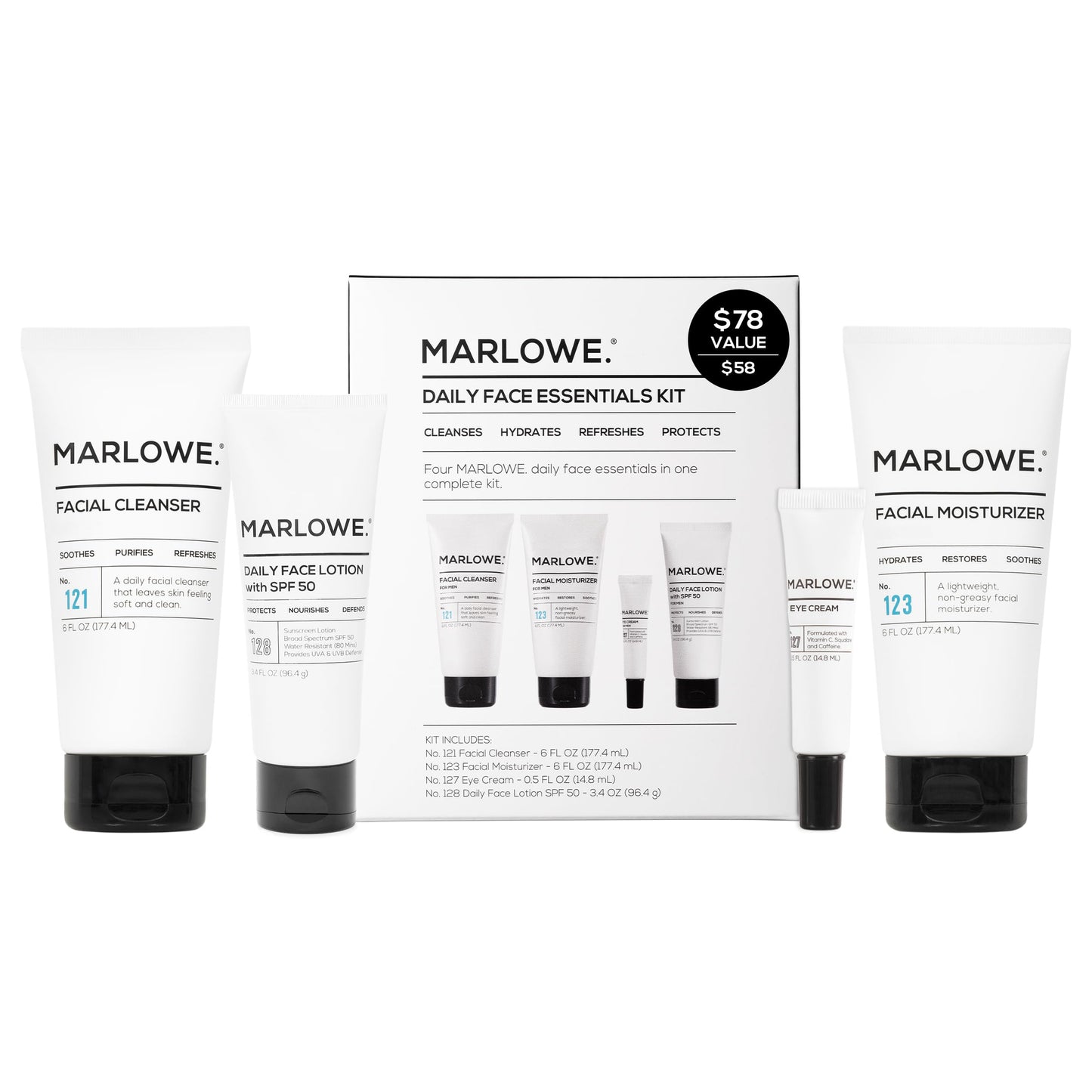 MARLOWE Men's Skin Care Set No204 Daily Essential Face Kit – Cleanser, Moisturizer, Eye Cream, SPF50 Lotion – Great Gift