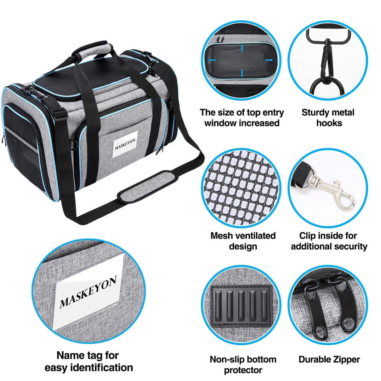 MASKEYON Airline Approved Pet Carrier — Large Soft Sided Expandable TSA Carrier for Cats, Dogs & Small Pets