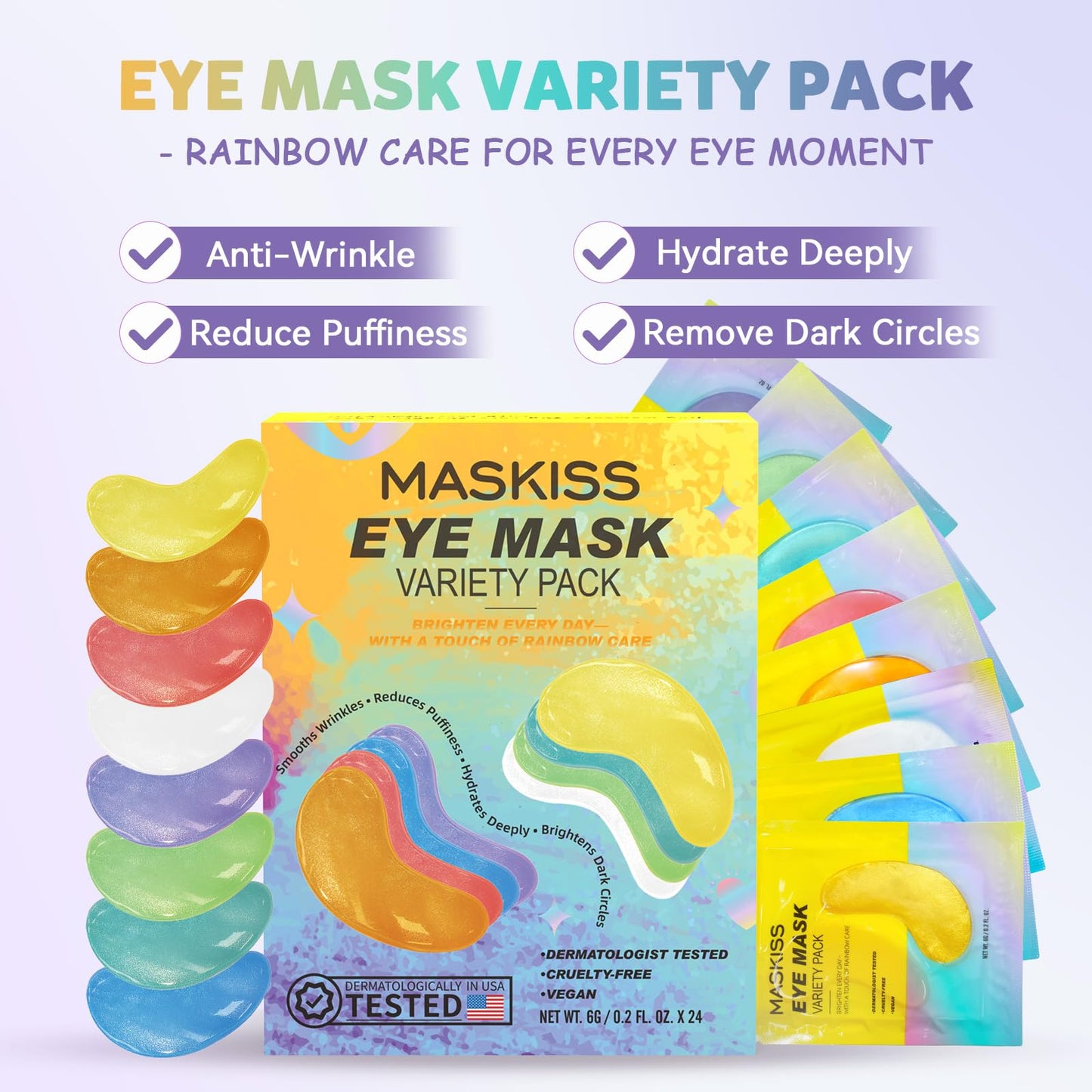 Maskiss Under Eye Patches Variety Pack (24 Pairs) — 8-Color Set, Vegan Skincare Gift for Women