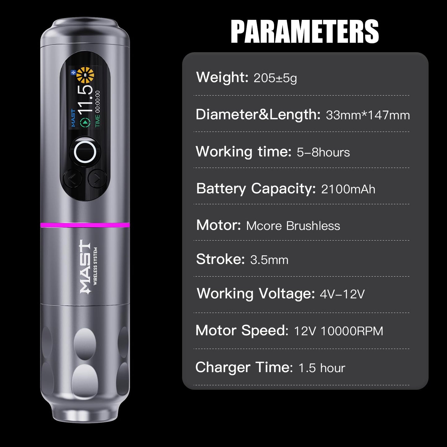 MAST TATTOO Archer2 Wireless Tattoo Kit – Brushless Pen, 12V 10000rpm, Type-C Charging, 20 Cartridges