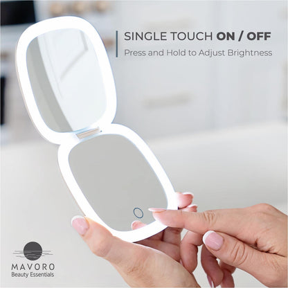 Mavoro LED Lighted Travel Mirror – 1x/10x Magnification, USB-C Rechargeable, Pocket-Size