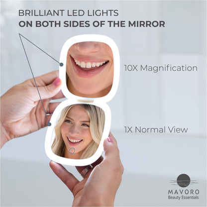 Mavoro LED Lighted Travel Mirror – 1x/10x Magnification, USB-C Rechargeable, Pocket-Size