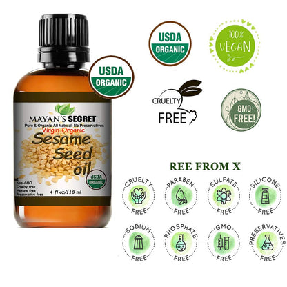 Mayan's Secret USDA Organic Sesame Seed Oil – Virgin, Unrefined 4oz Glass Bottle