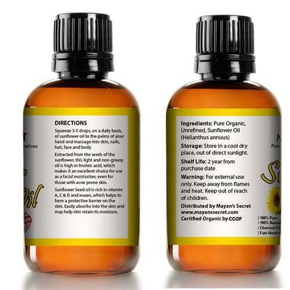 Mayan's Secret Sunflower Seed Oil - 4oz | USDA Organic Cold-Pressed Carrier Oil