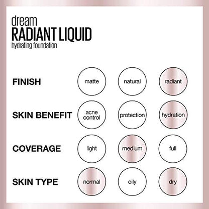 Maybelline Dream Radiant Liquid Foundation – Hydrating Medium Coverage, Fair Porcelain