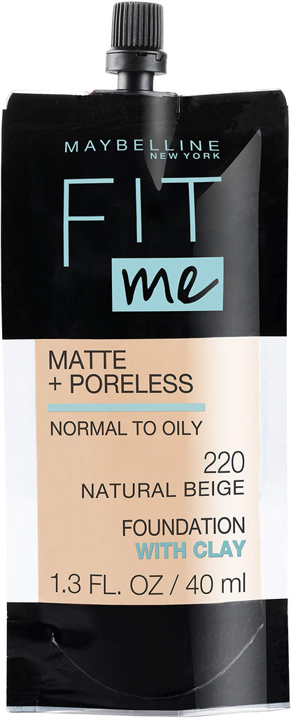 Maybelline Fit Me Matte + Poreless Foundation – Pouch, Shade 220 Natural Beige, 1.3 oz
