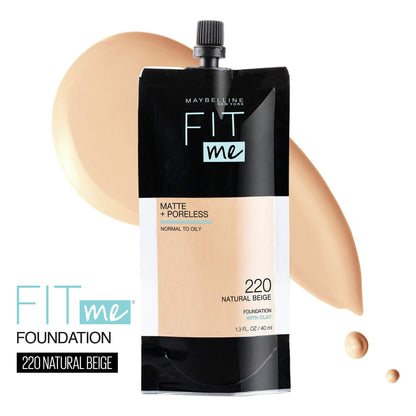 Maybelline Fit Me Matte + Poreless Foundation – Pouch, Shade 220 Natural Beige, 1.3 oz