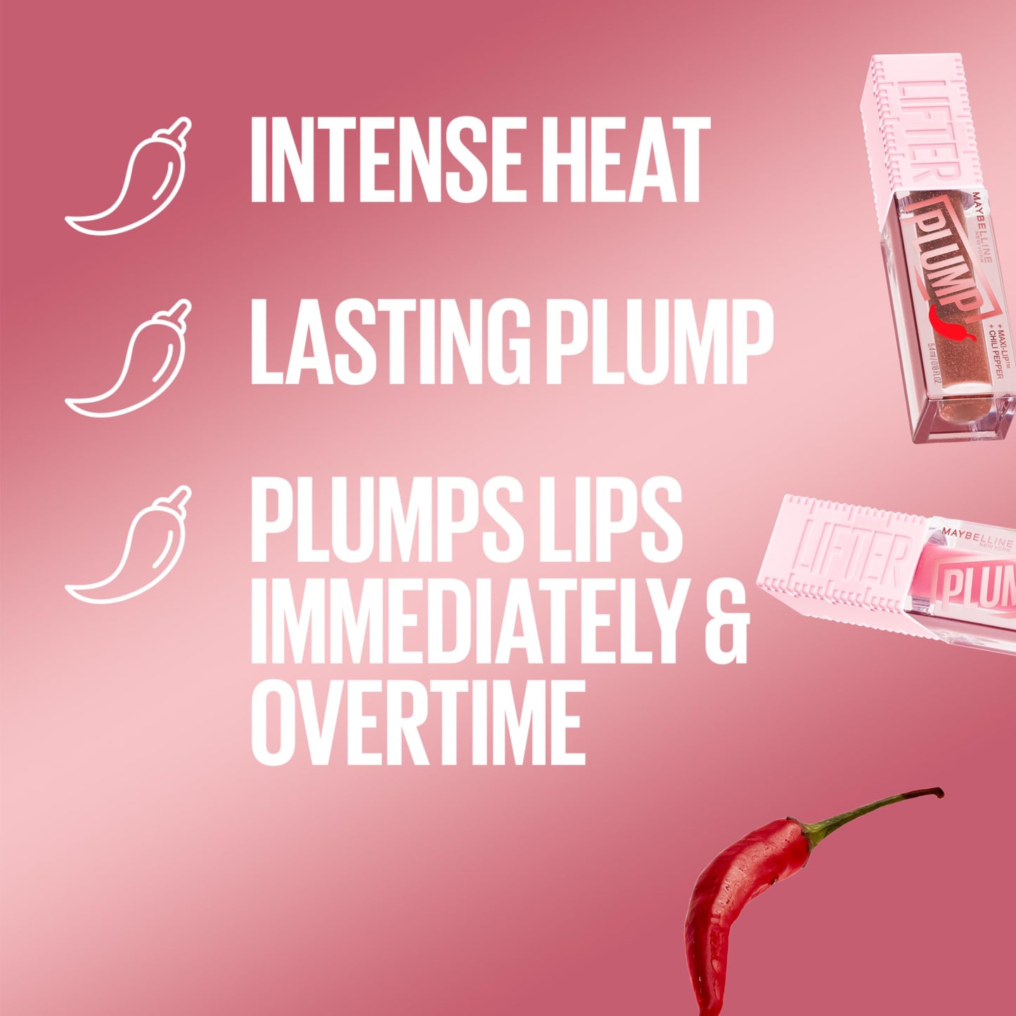 MAYBELLINE Lifter Gloss Plump – Heated Lip Plump with Maxi-Lip & Chili Pepper (Hot Chili)