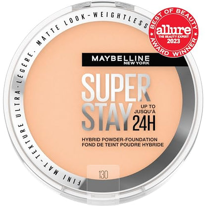 Maybelline Super Stay Hybrid Powder Foundation – 24HR Matte Coverage, Medium-to-Full, Shade 130
