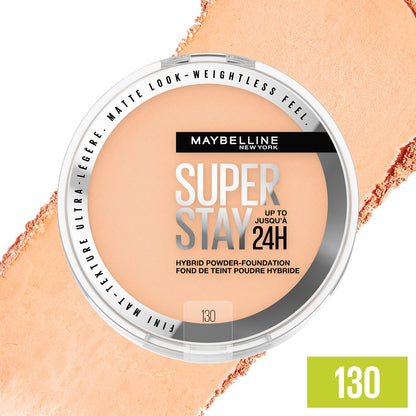 Maybelline Super Stay Hybrid Powder Foundation – 24HR Matte Coverage, Medium-to-Full, Shade 130