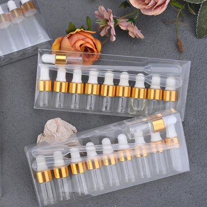 Maydeyy 1ml Mini Glass Dropper Bottles with Gold Cap – Clear Sample Vials for Essential Oil, Perfume & Cosmetics (10/100 Pack)