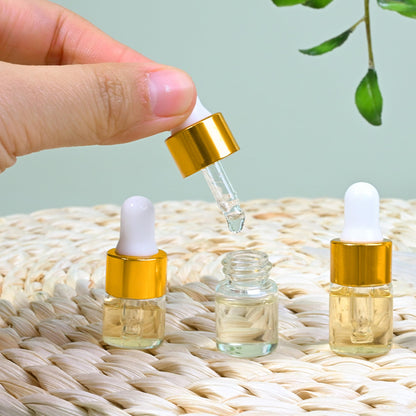 Maydeyy 1ml Mini Glass Dropper Bottles with Gold Cap – Clear Sample Vials for Essential Oil, Perfume & Cosmetics (10/100 Pack)