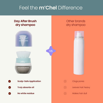 m'chel Day After Brush Dry Shampoo 0.45oz – Refillable Powder, Oil Absorber with Ginger, Pomegranate & Peony