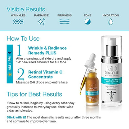 MD Complete Wrinkle Retinol Duo – Dermatologist-Grade Skincare Set (Remedy PLUS 1.0 oz + Retinol Vitamin C Concentrate 0.5 oz)