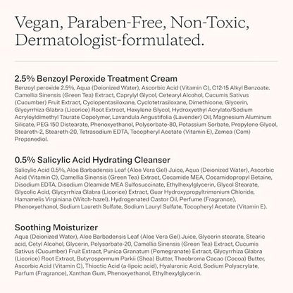 MDacne 3 Step Acne Treatment Kit – Benzoyl Peroxide 2.5%, Salicylic Cleanser, Niacinamide Moisturizer
