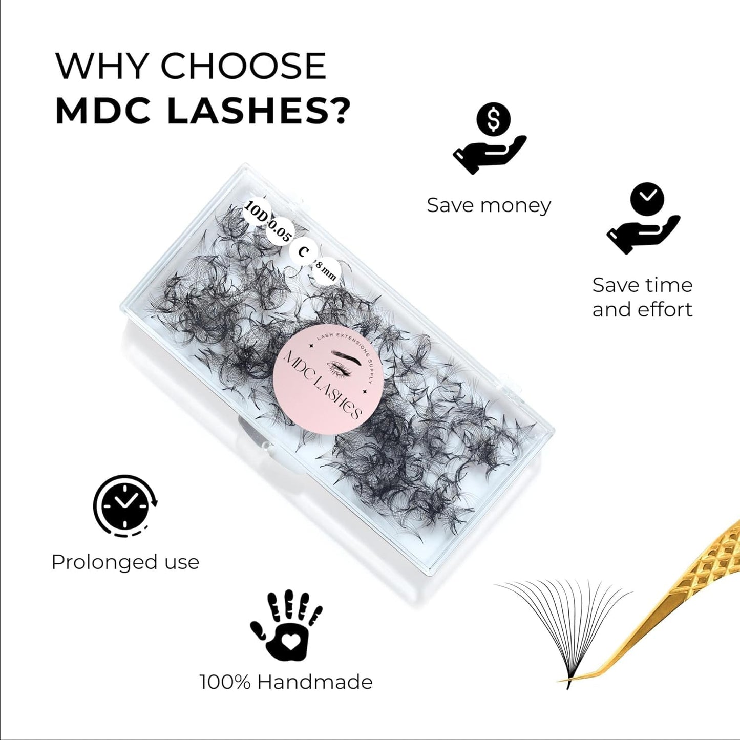 MDC LASHES 500 Premade Fans | 5D-16D, 0.03-0.07 Thick, C/CC/D Curls, 8-18mm | Volume Lash Extensions Premade Lashes