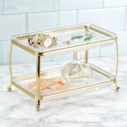 mDesign 2-Tier Decorative Makeup Organizer Vanity Tray – Soft Brass/Clear